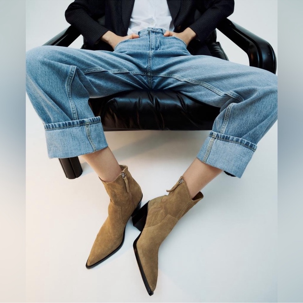 Zara Tan Suede Ankle Boots Size 36